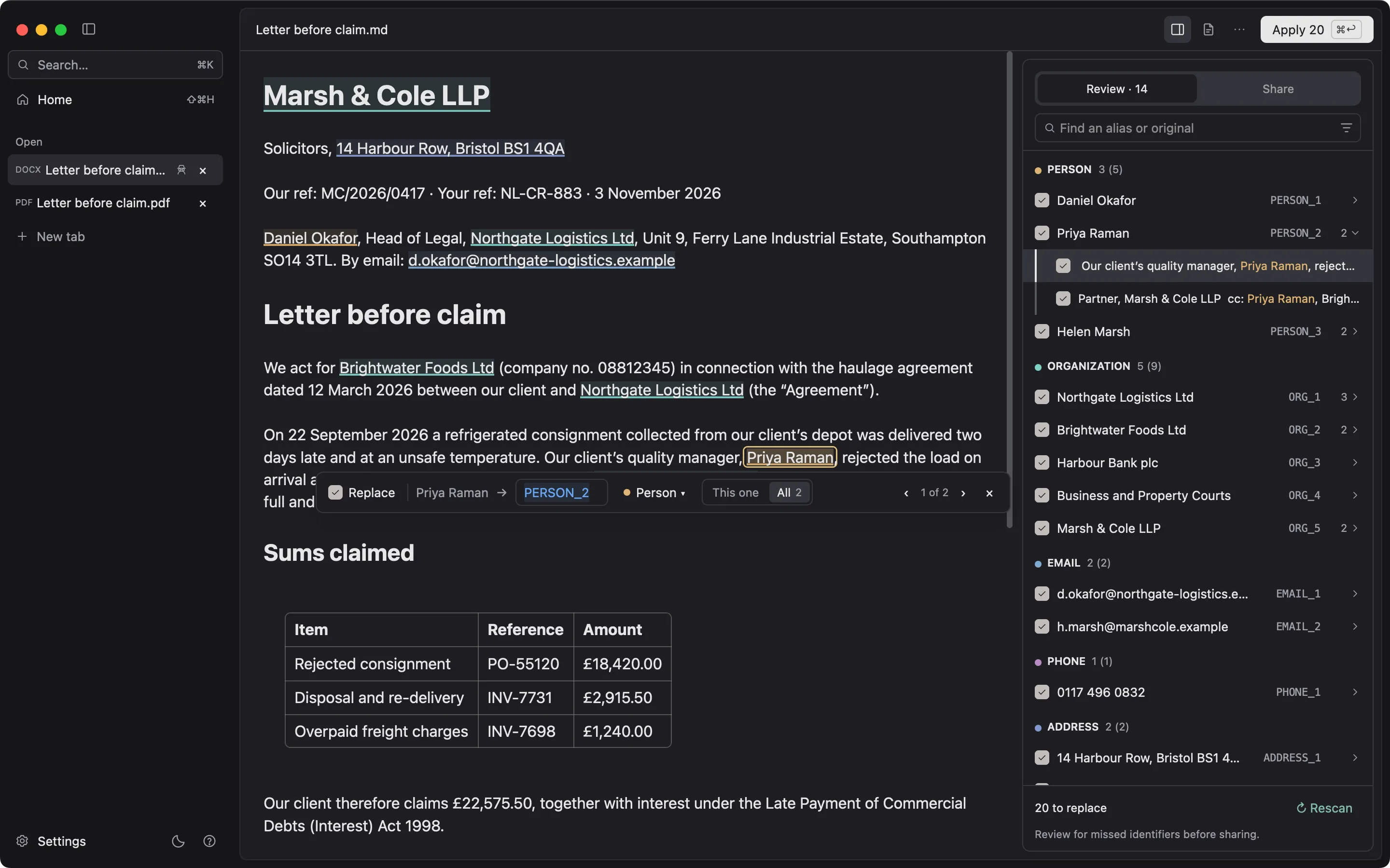mdoc reviewing a fictional letter before claim: people, companies, emails, a phone number, addresses and bank details are proposed for replacement, with one mention's alias open for editing. Dark theme.