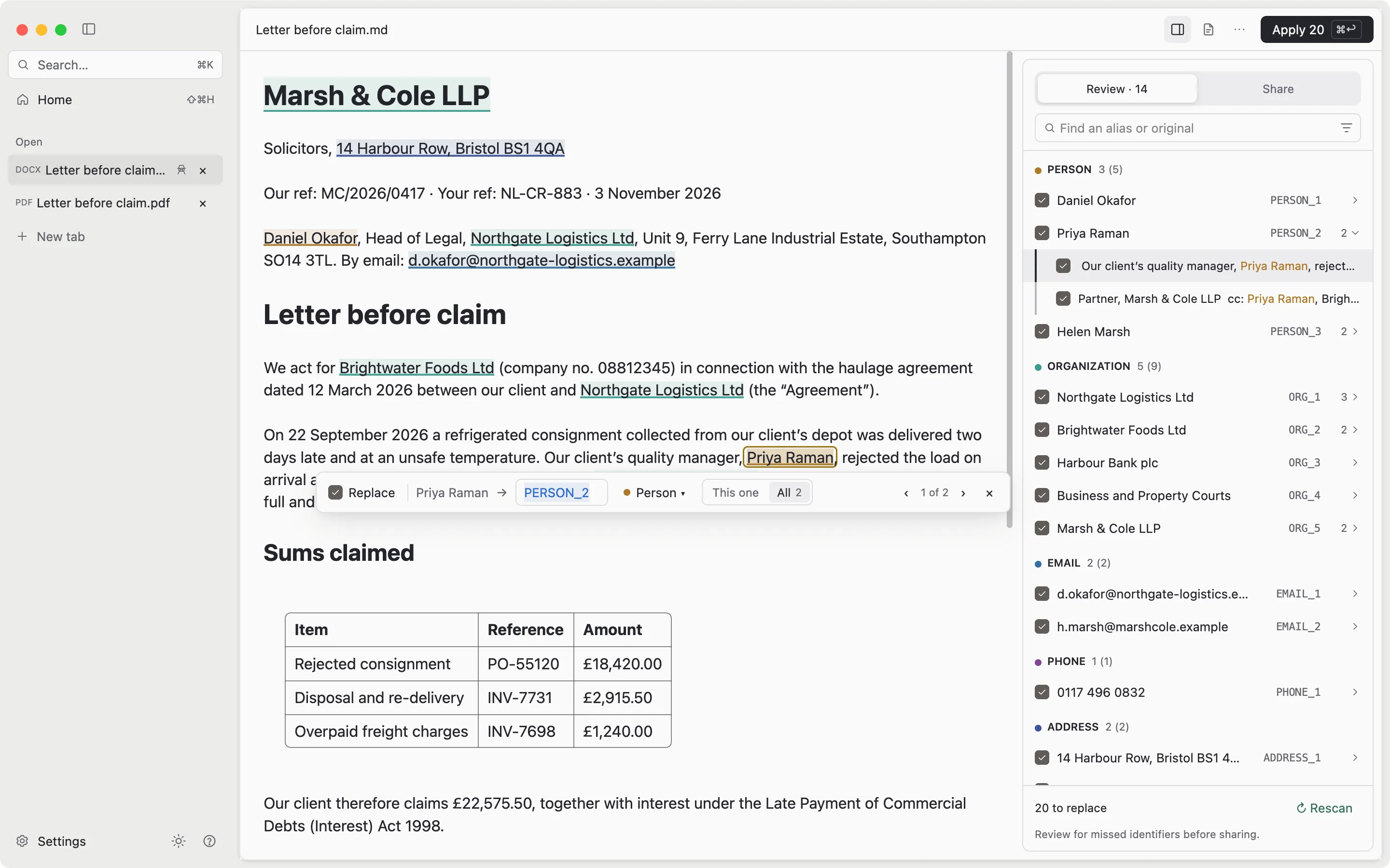 mdoc reviewing a fictional letter before claim: people, companies, emails, a phone number, addresses and bank details are proposed for replacement, with one mention's alias open for editing. Light theme.