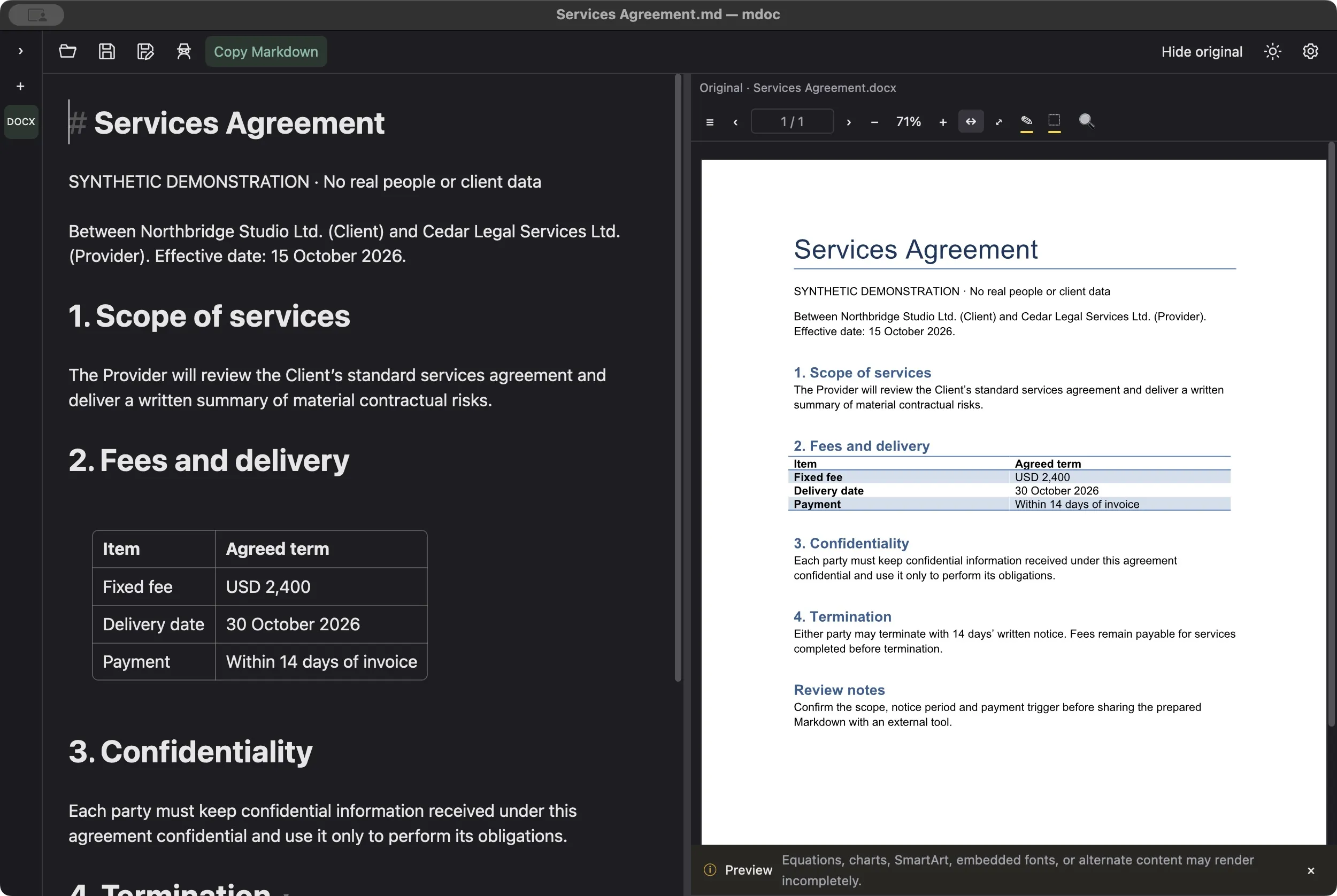 Real mdoc window: a synthetic services agreement converted to editable Markdown on the left, with its original DOCX preview on the right.